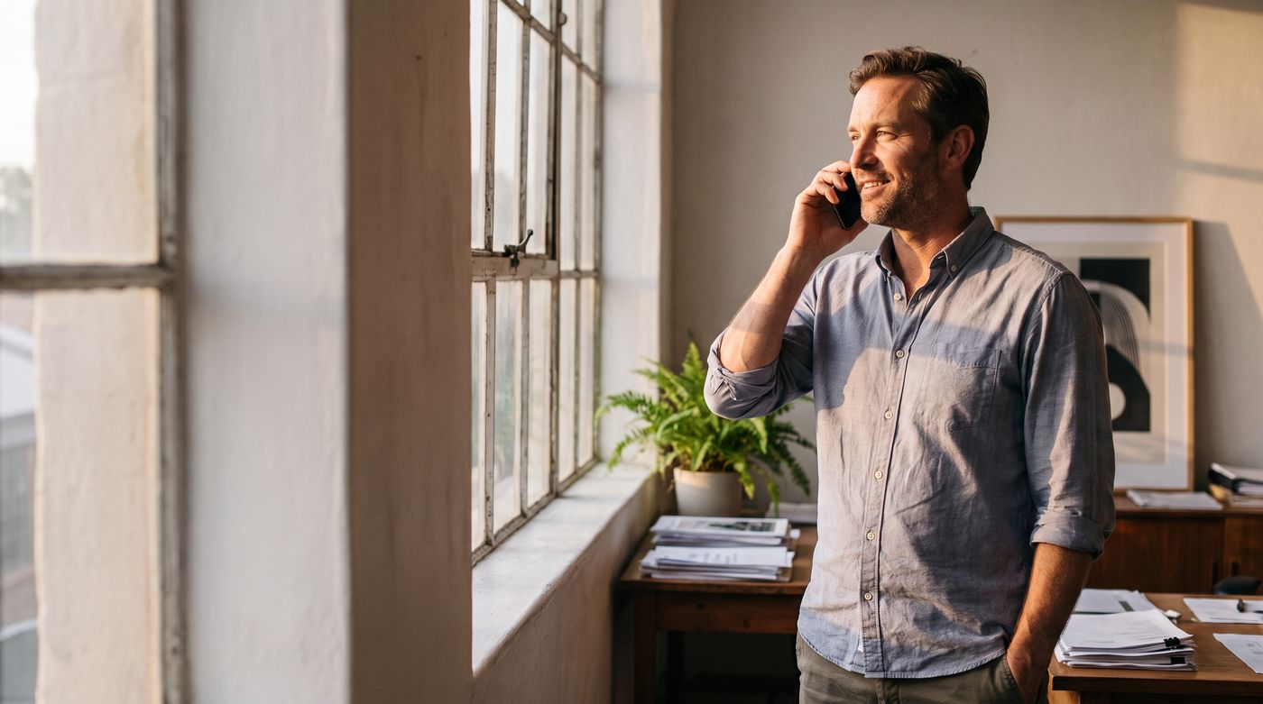 An agency owner on the phone beside his office window, smiling
