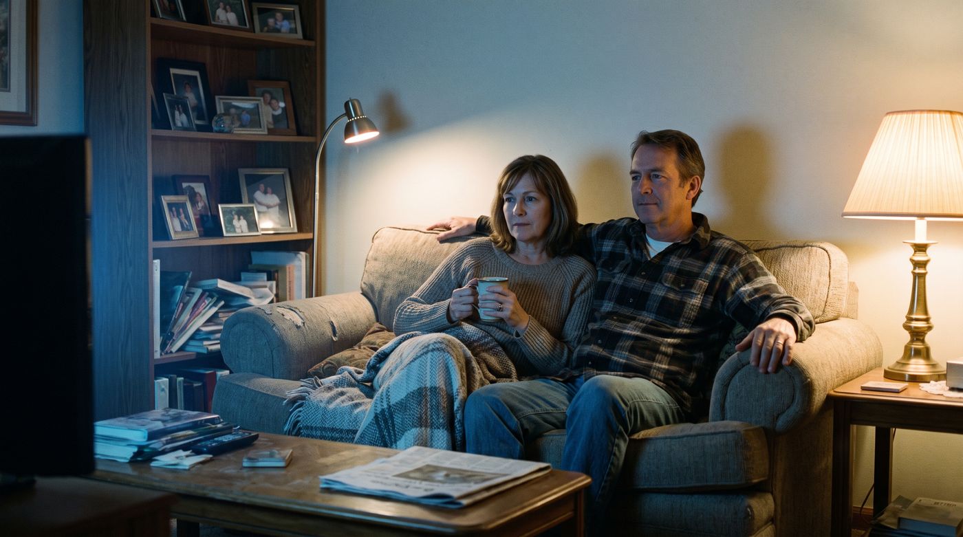 A couple on their sofa in the evening, lit by the television they are watching
