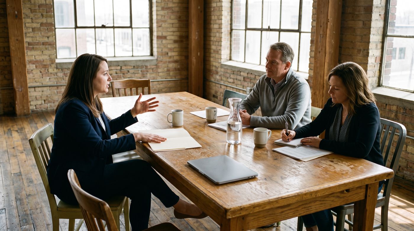 An agency lead presenting to two clients across an oak table in a brick-walled conference room