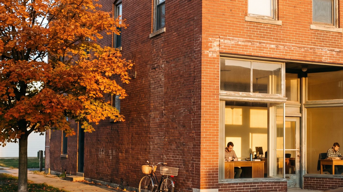 A two-storey brick office on a main street at sunset, two people working inside